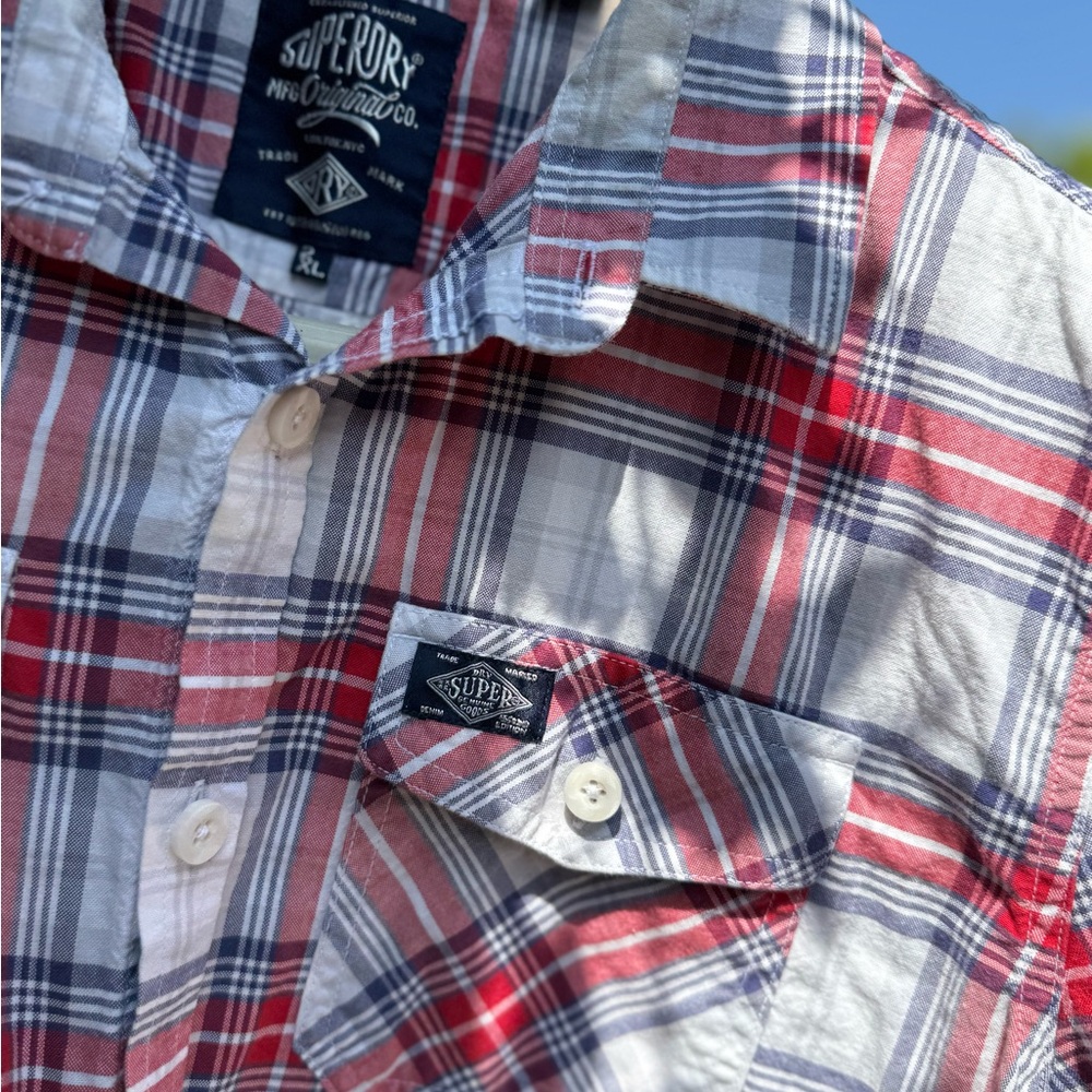 Superdry Red and White Plaid Short Sleeve Button-Down Shirt - Picture 5 of 7